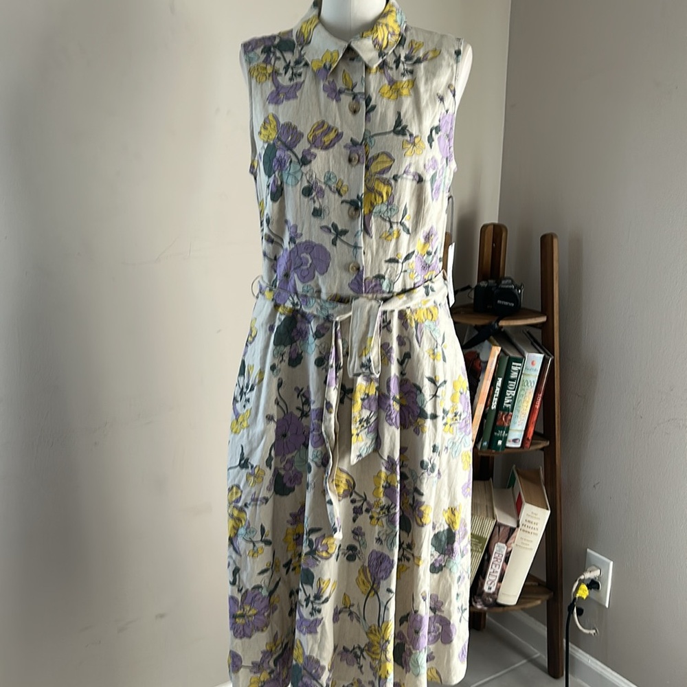 Liz Claiborne Garden Sleeveless Midi A-Line Dress Size 8 Floral Linen Blend